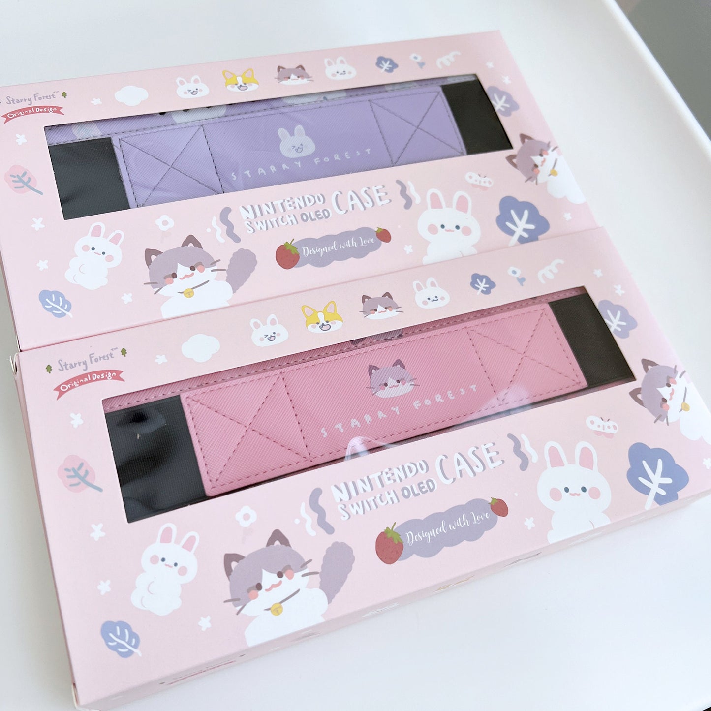 Rabbit Cat Print Leather Case for Nintendo Switch OLED