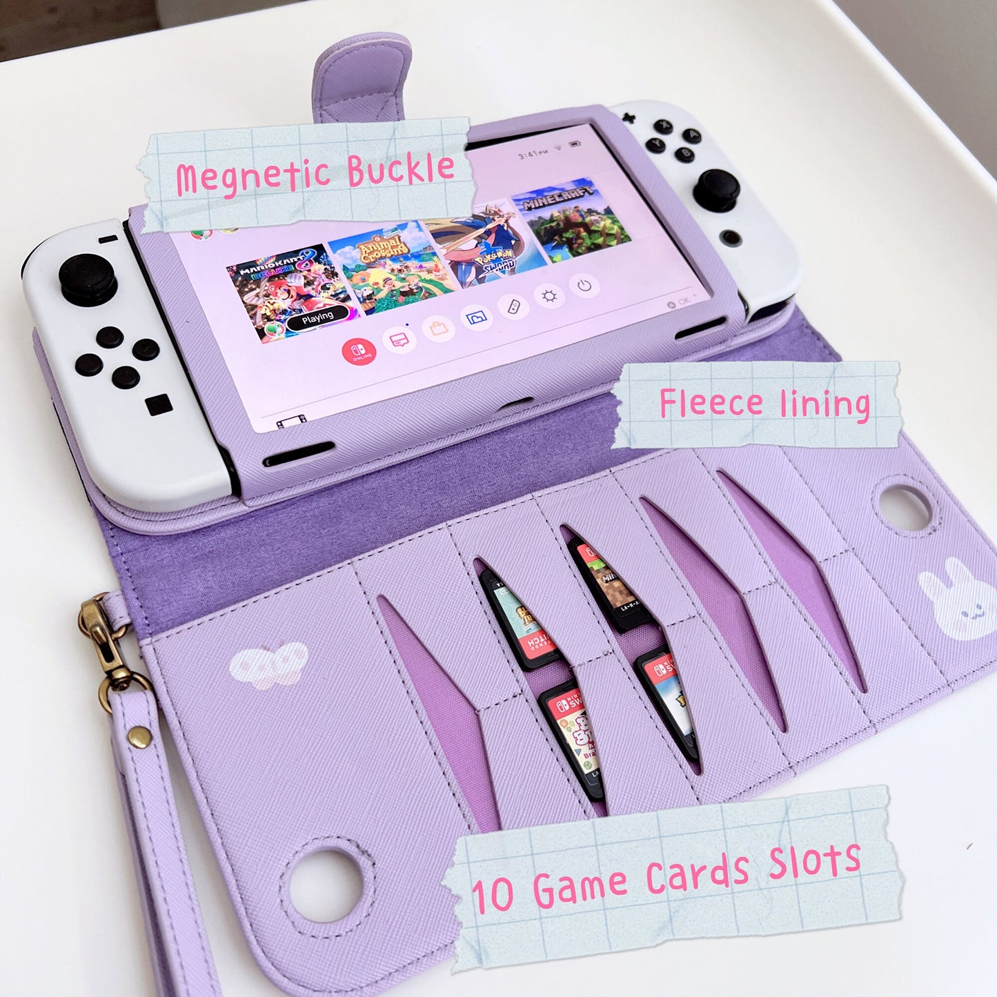 Rabbit Cat Print Leather Case for Nintendo Switch OLED