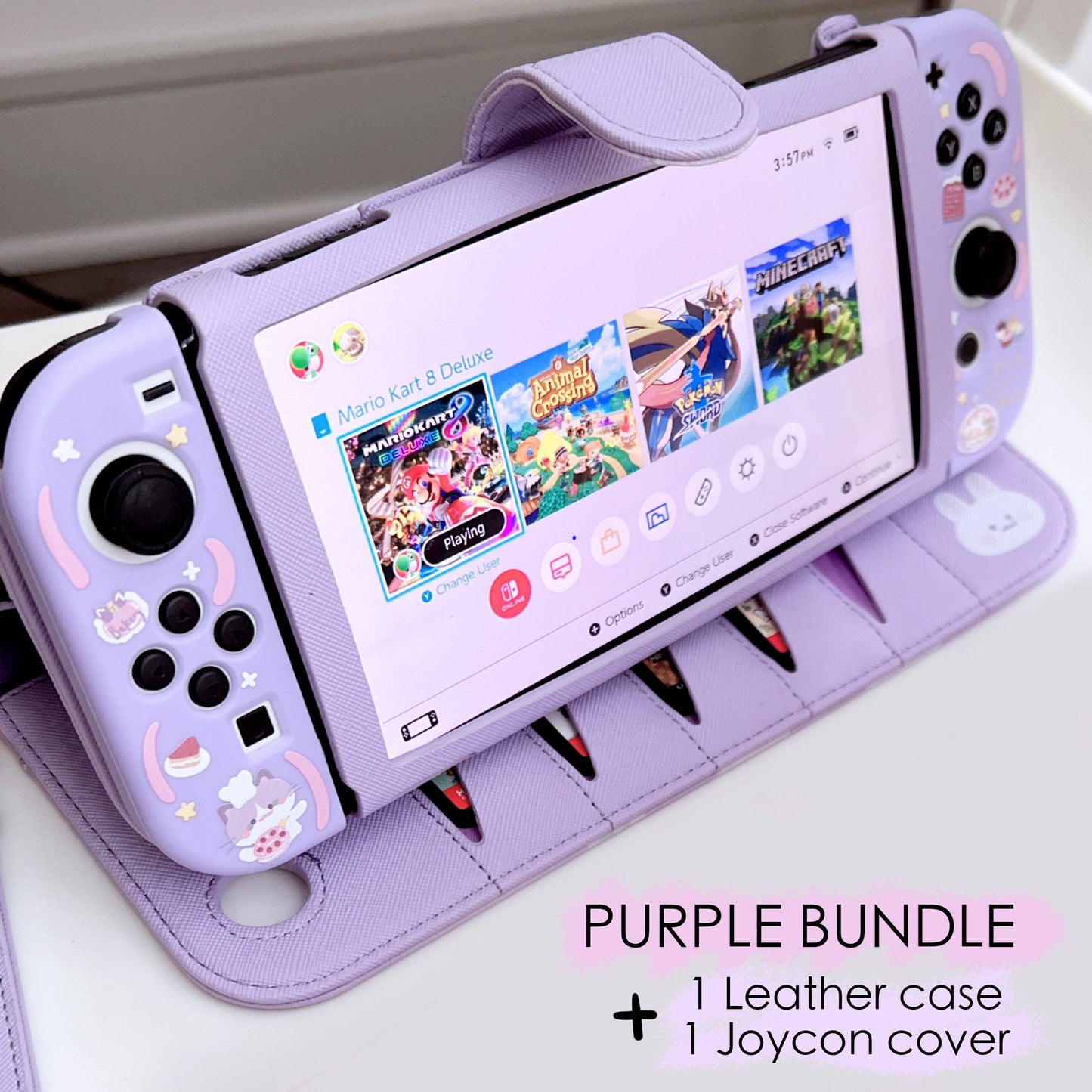 Rabbit Cat Print Leather Case for Nintendo Switch OLED