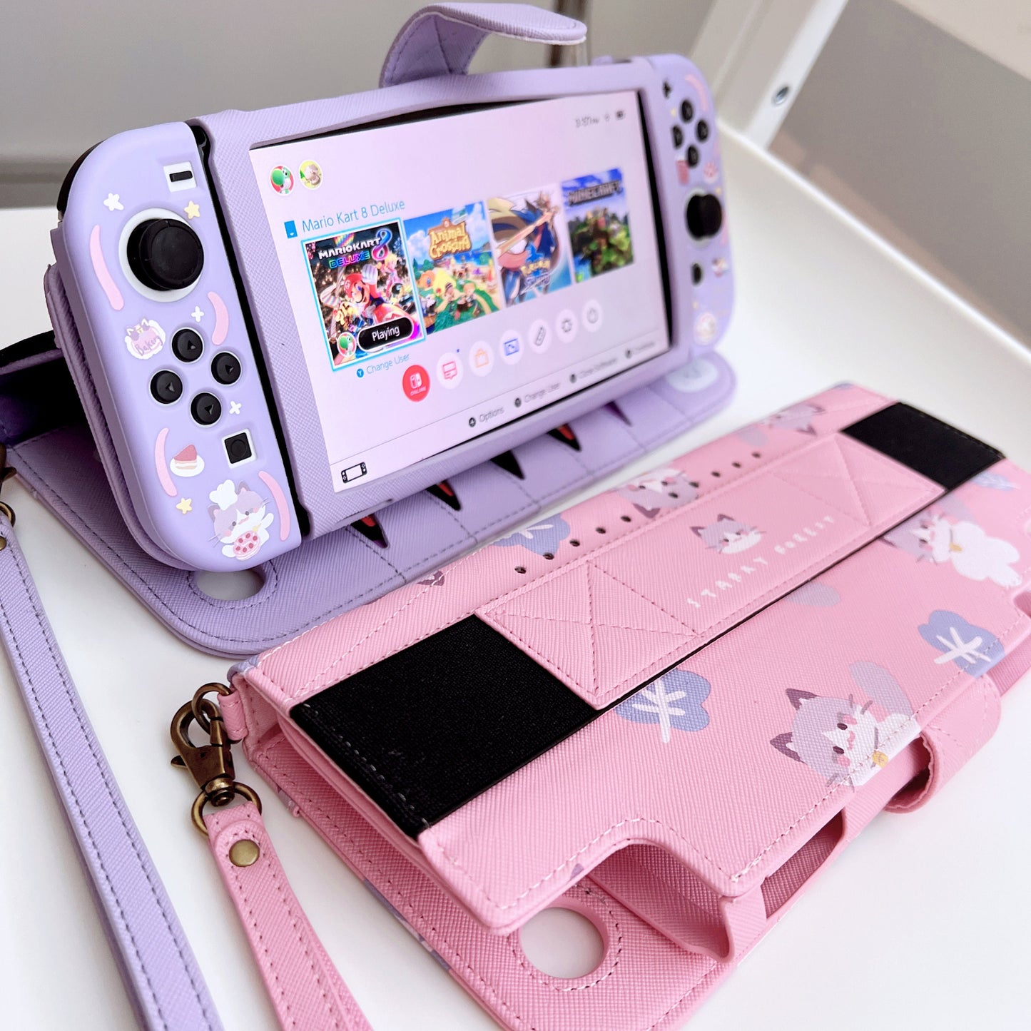 Rabbit Cat Print Leather Case for Nintendo Switch OLED