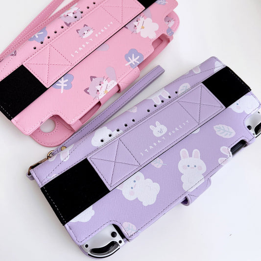 Rabbit Cat Print Leather Case for Nintendo Switch OLED