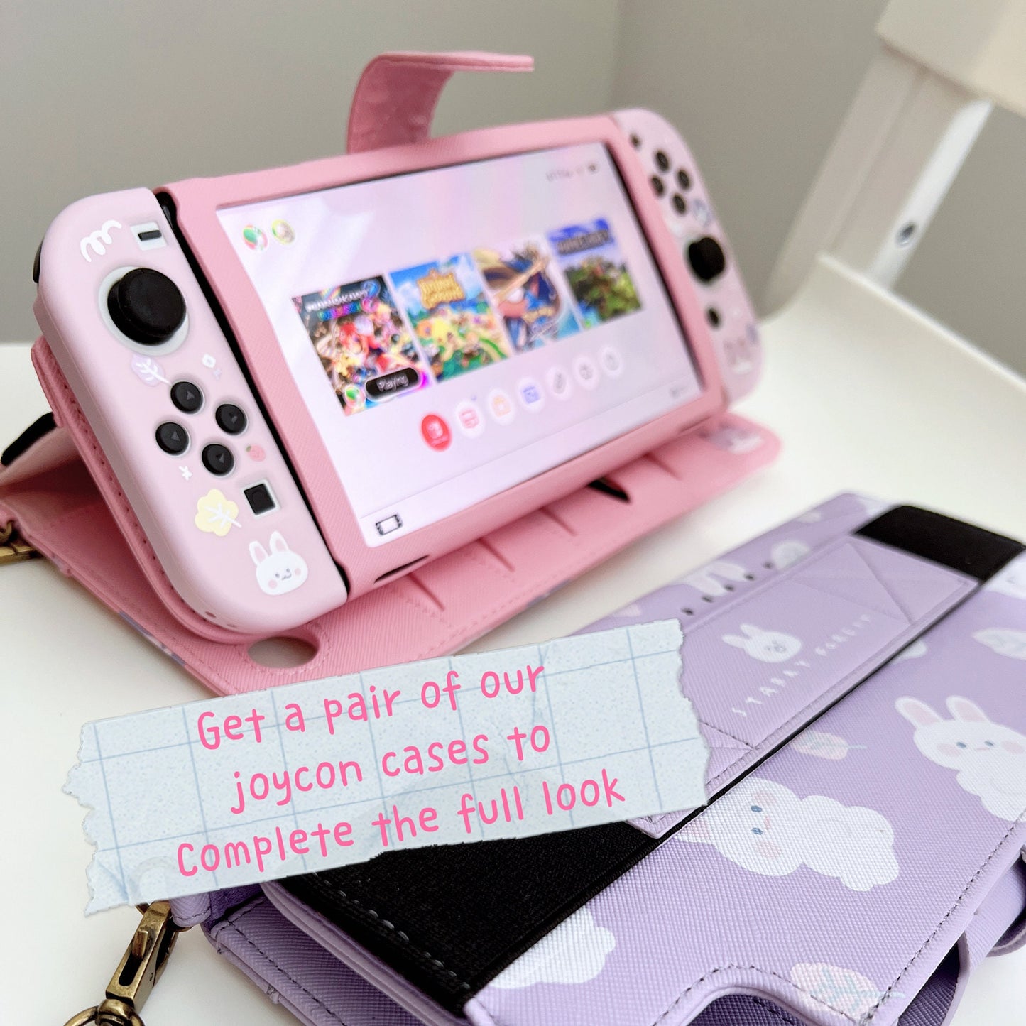 Rabbit Cat Print Leather Case for Nintendo Switch OLED